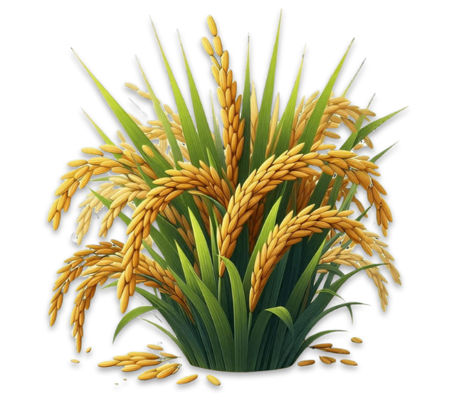 Raw paddy rice plant with golden grain heads and green leaves